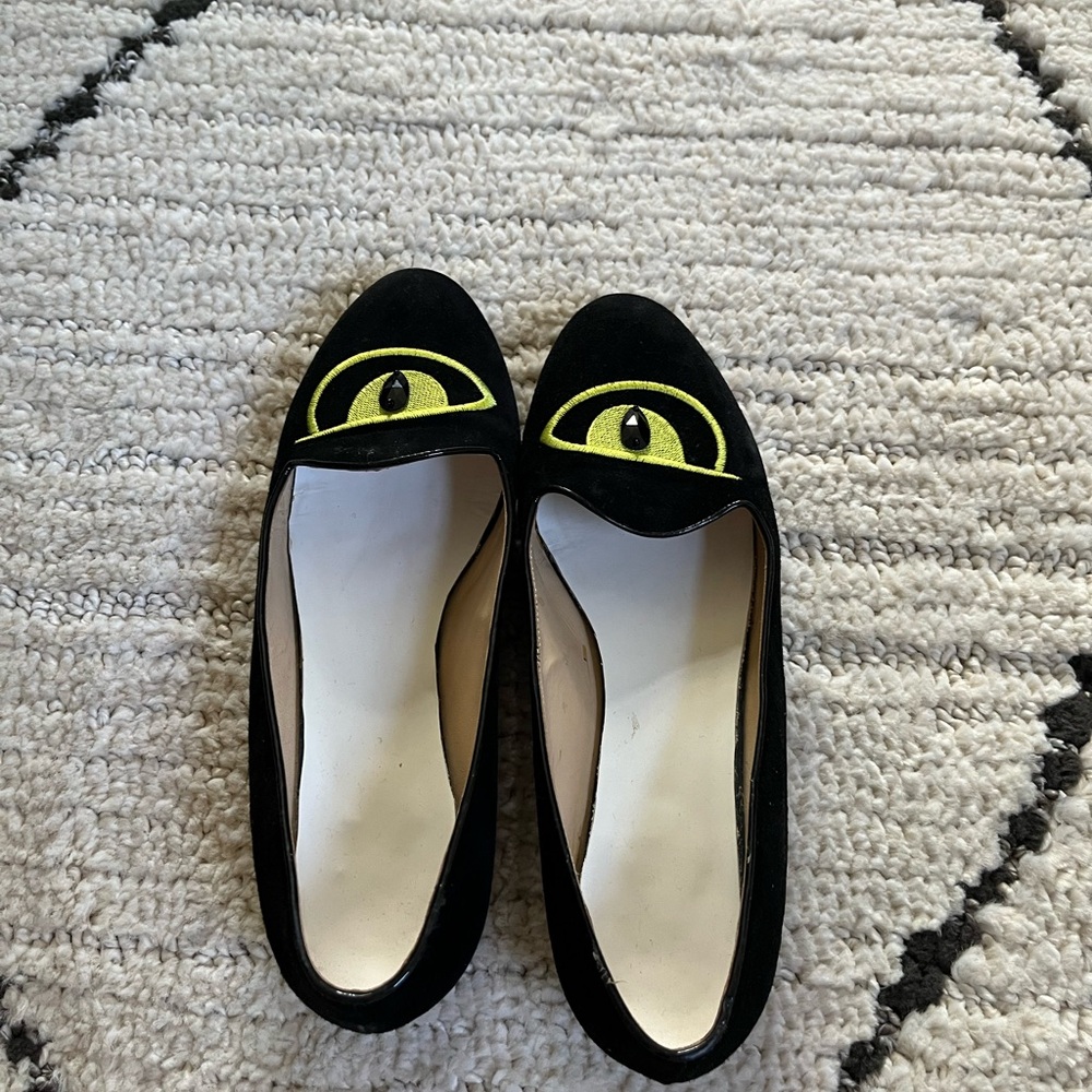 Charlotte Olympia Black Flats with Yellow Eye Design